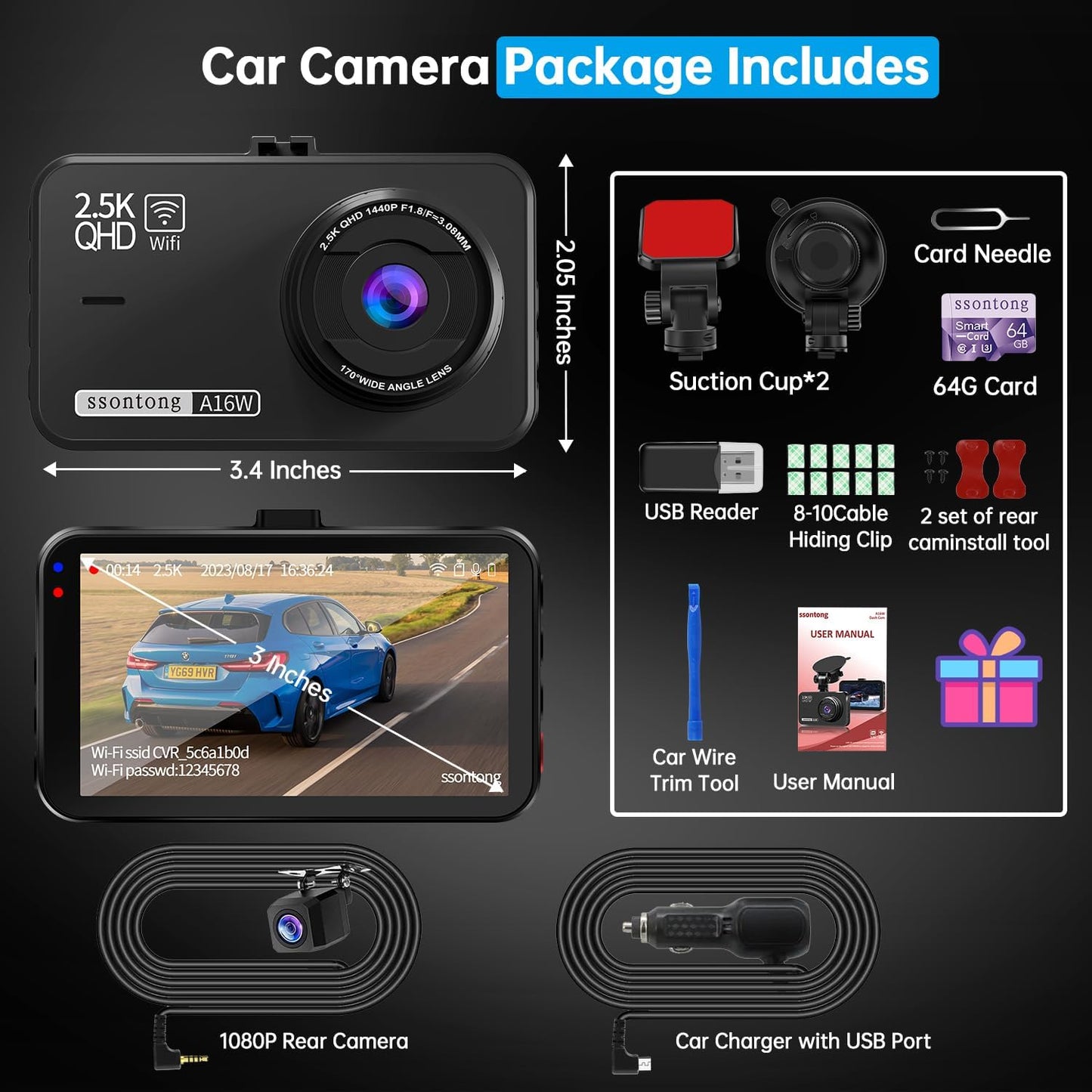 Ultimate Dual Dash Cam for Cars: 2.5K Front & 1080P Rear with WiFi/App Control, Night Vision, G-Sensor, and 64GB Card Included