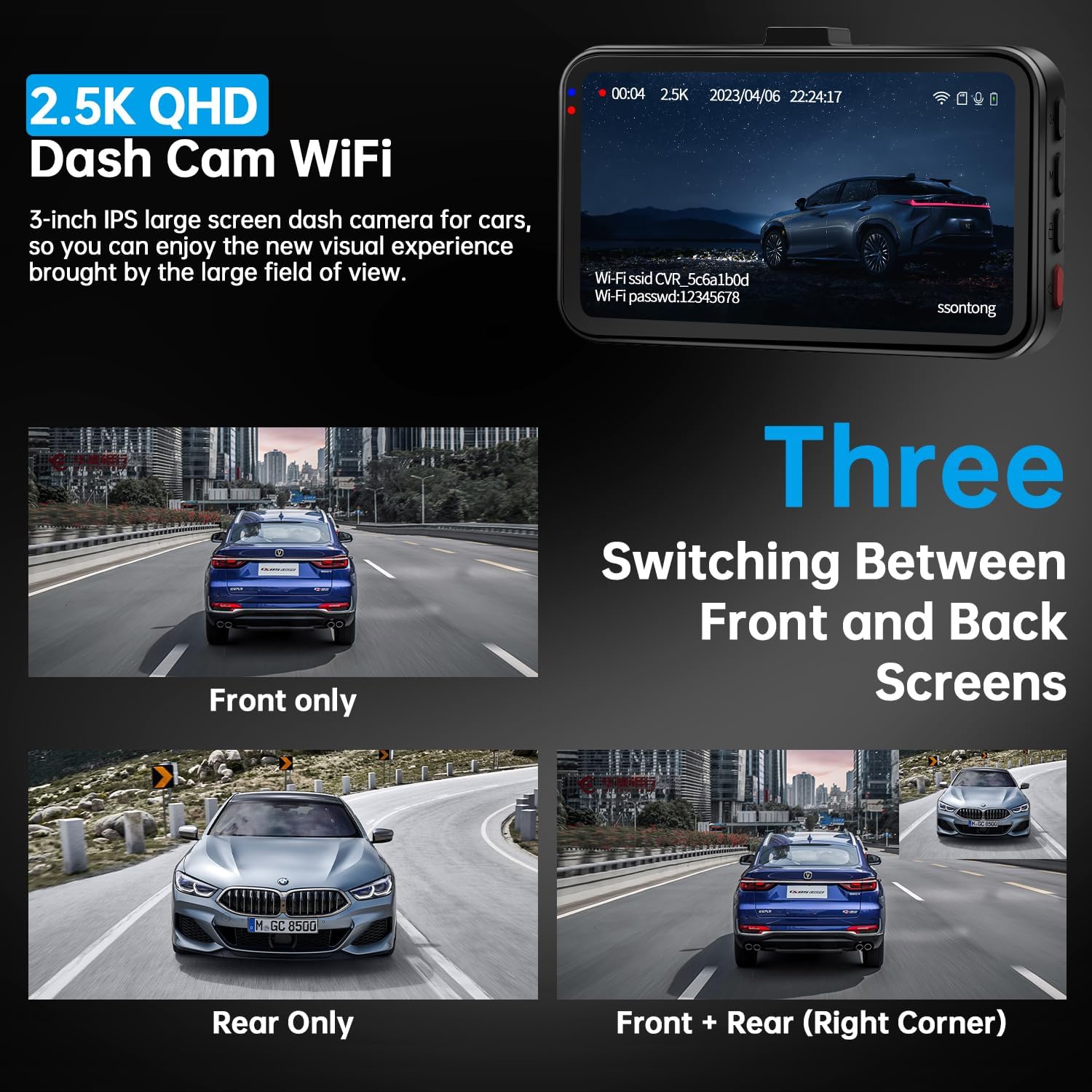 Ultimate Dual Dash Cam for Cars: 2.5K Front & 1080P Rear with WiFi/App Control, Night Vision, G-Sensor, and 64GB Card Included