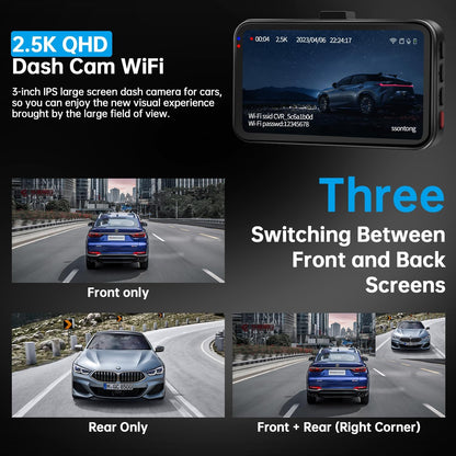 Ultimate Dual Dash Cam for Cars: 2.5K Front & 1080P Rear with WiFi/App Control, Night Vision, G-Sensor, and 64GB Card Included