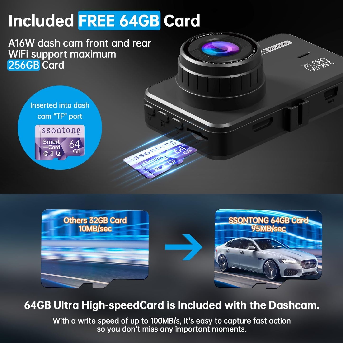 Ultimate Dual Dash Cam for Cars: 2.5K Front & 1080P Rear with WiFi/App Control, Night Vision, G-Sensor, and 64GB Card Included