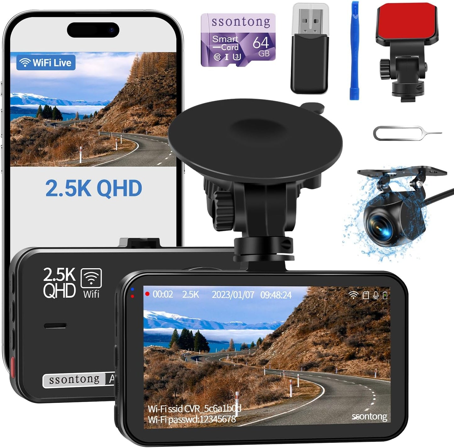Ultimate Dual Dash Cam for Cars: 2.5K Front & 1080P Rear with WiFi/App Control, Night Vision, G-Sensor, and 64GB Card Included