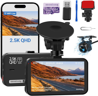 Ultimate Dual Dash Cam for Cars: 2.5K Front & 1080P Rear with WiFi/App Control, Night Vision, G-Sensor, and 64GB Card Included