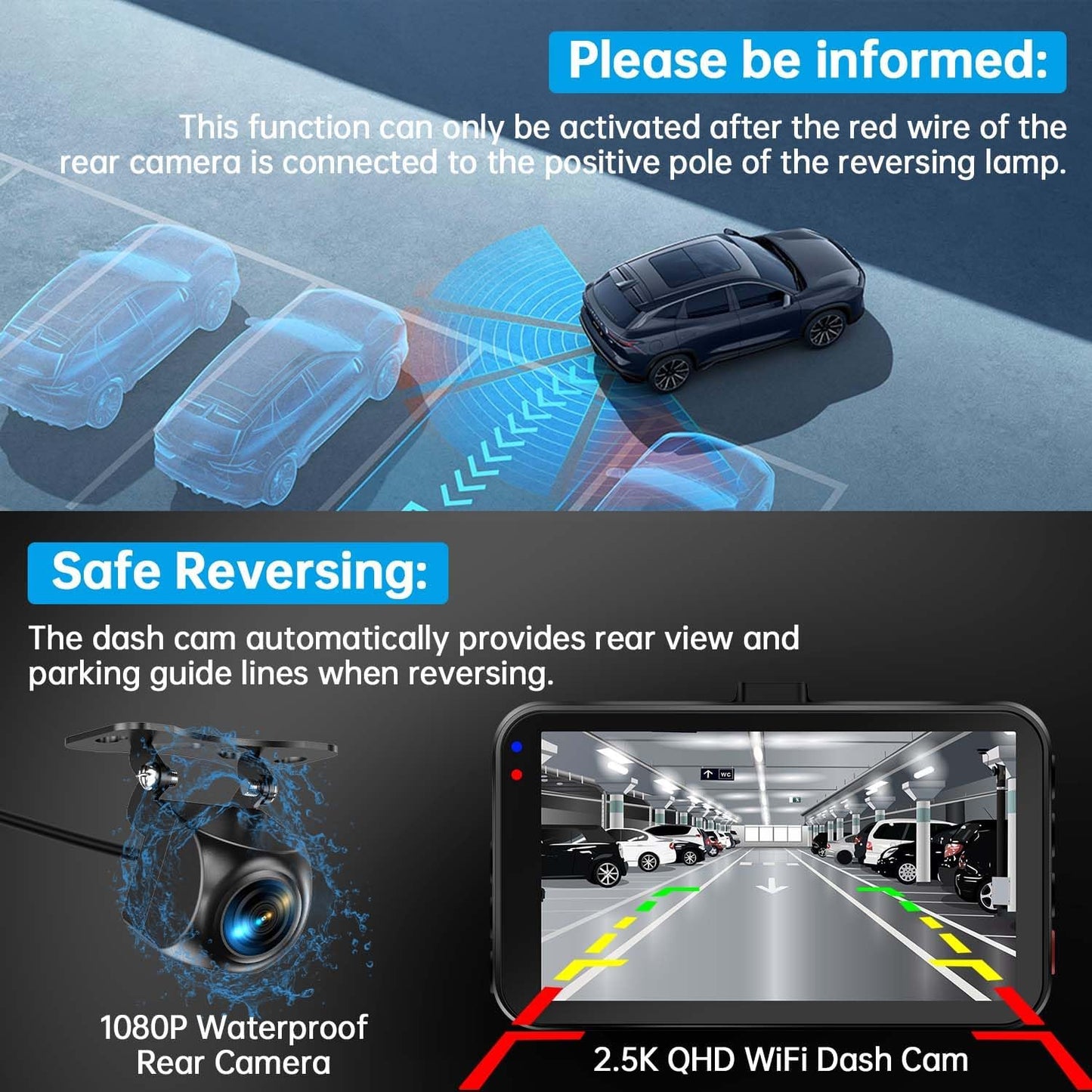 Ultimate Dual Dash Cam for Cars: 2.5K Front & 1080P Rear with WiFi/App Control, Night Vision, G-Sensor, and 64GB Card Included