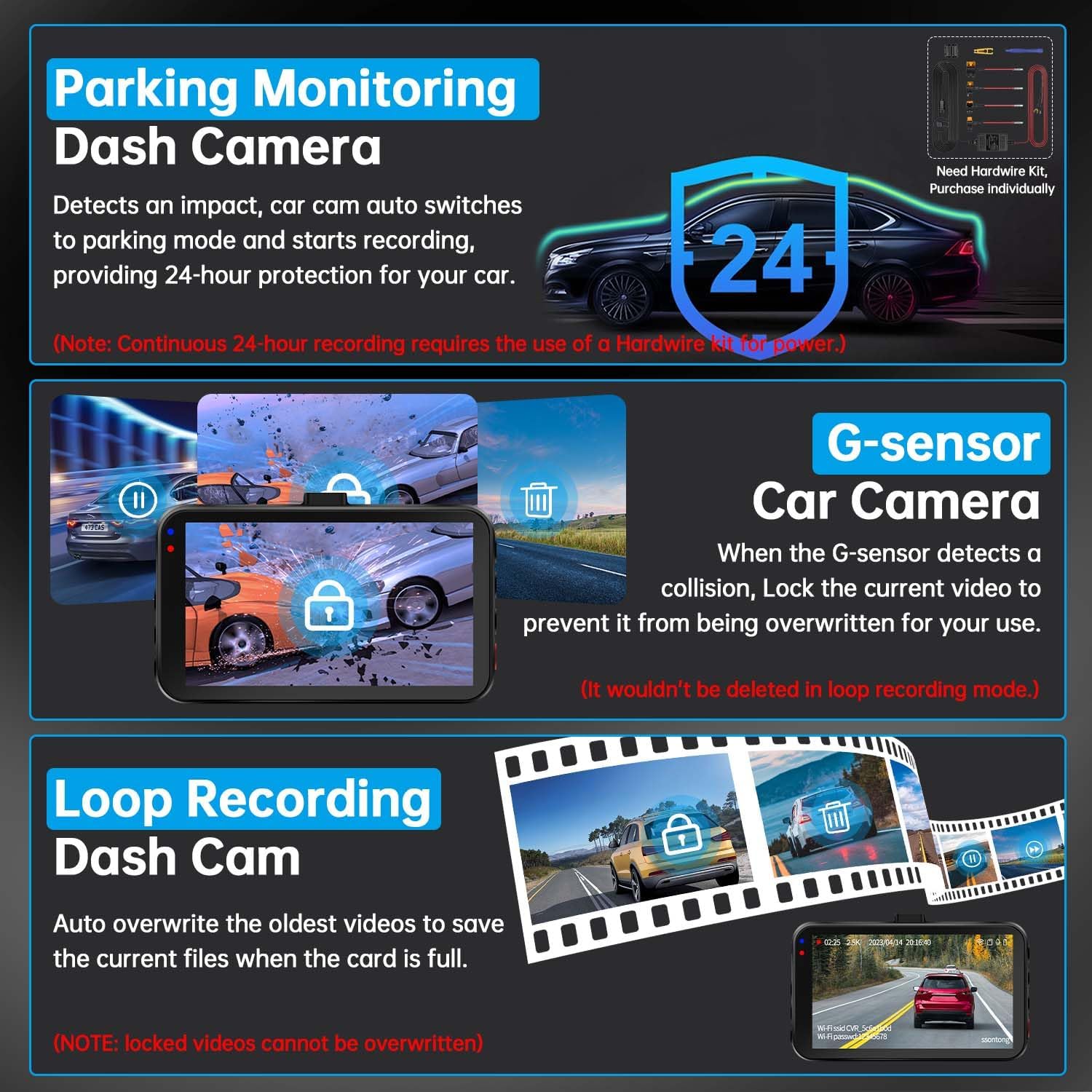 Ultimate Dual Dash Cam for Cars: 2.5K Front & 1080P Rear with WiFi/App Control, Night Vision, G-Sensor, and 64GB Card Included